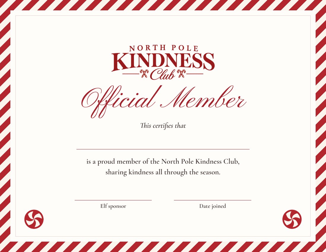 North Pole Kindness Club membership certificate