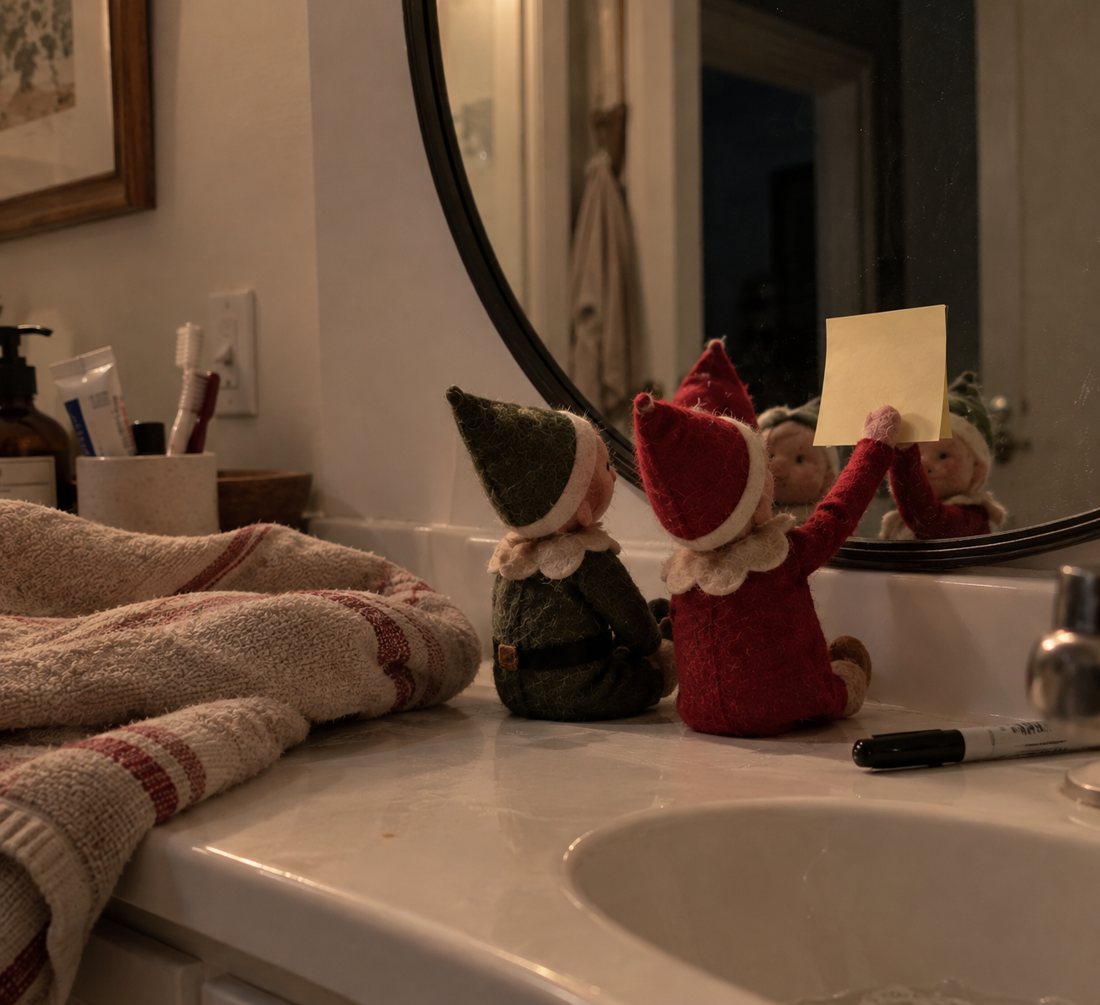 Two felt elves at a bathroom mirror sticking a kind note on the glass, a kindness elf idea for Christmas
