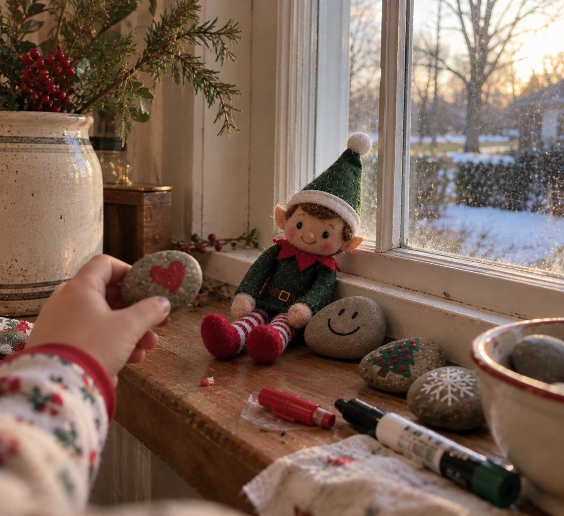 An elf on a snowy windowsill beside painted kindness rocks while a child holds a rock with a heart